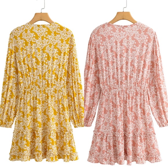 Ruffle Floral Long Sleeve Boho Gypsy Dress Yellow - Picture 9 of 14